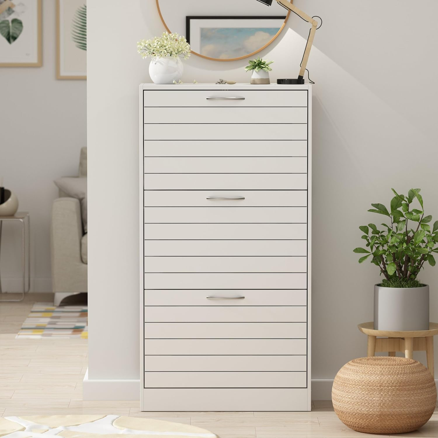 Homsee 3-Drawer Shoe Storage Cabinet with Louver Doors, 3-Tier Wood Shoe Rack Storage Organizer for Entryway, Brown (22.4”L x 9.4”W x 42.3”H)