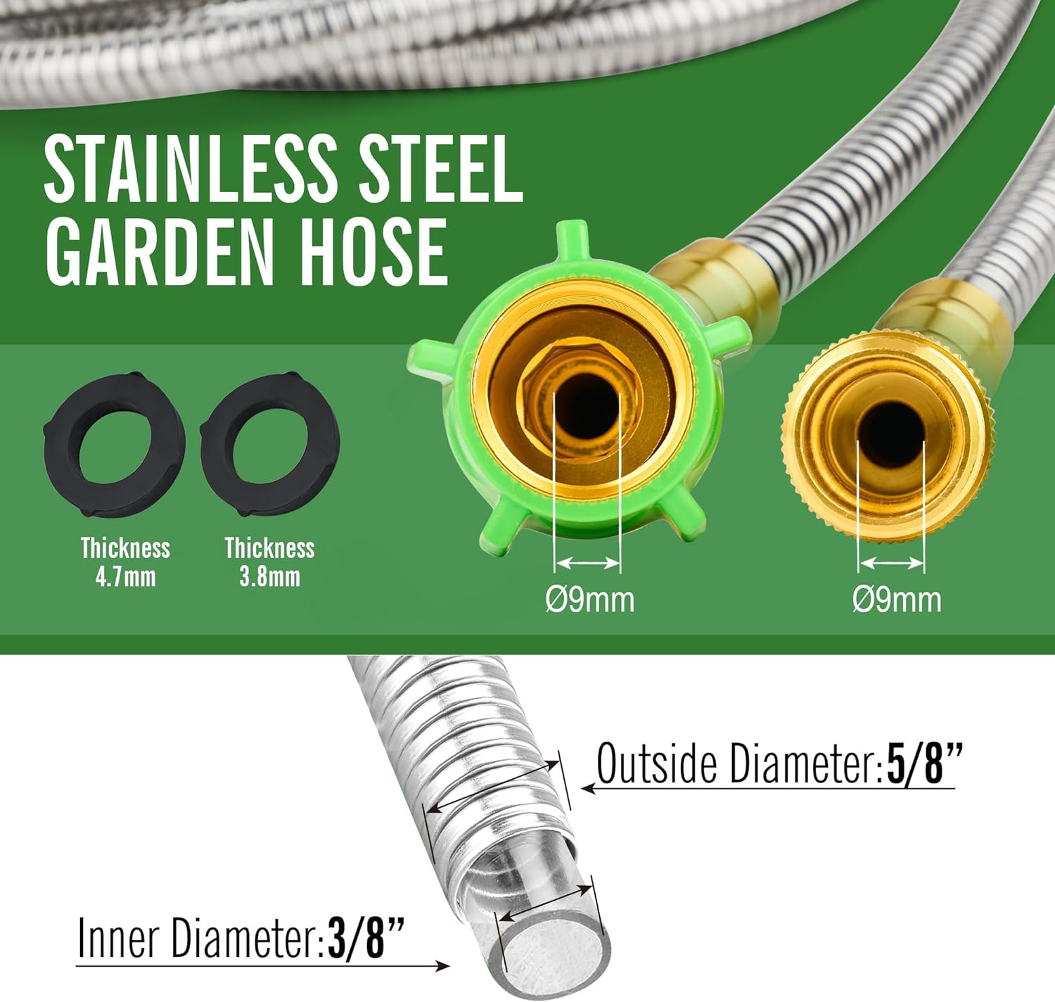 SKYWARD 304 Stainless Steel Garden Hose with Brass Garden Hose Nozzle, Anti-Leakage, Flexible & Lightweight Kink Free Water Hose, Easy to Use & Store (100ft)
