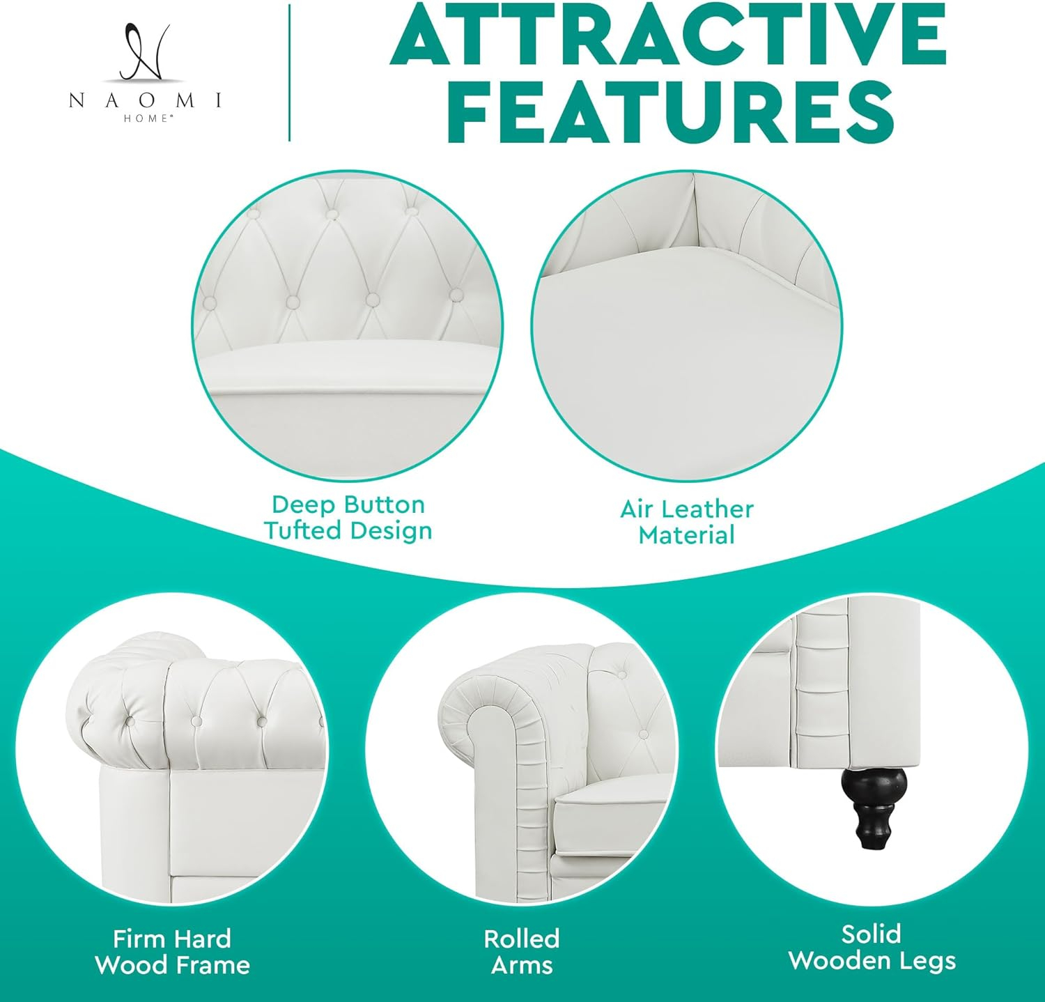 Emery Chesterfield Sofa, Luxurious Comfort for Cozy Living Rooms, Mid-Century Modern couch, Elegance & Serenity, 3-Seater Sofa White,PU