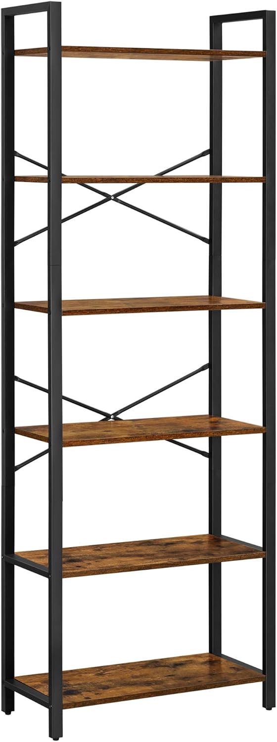 6-Tier Tall Bookshelf Large Bookcase with Steel Frame Deep Book Shelf for Living Room Home Office Study Rustic Brown and Black