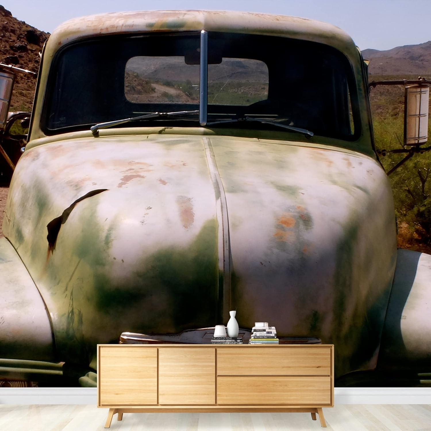 wall26 - Route 66, Abandoned Car - Removable Wall Mural | Self-Adhesive Large Wallpaper - 100x144 inches