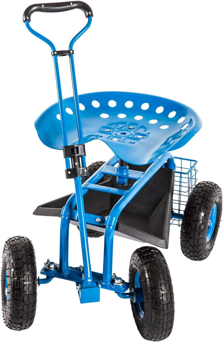 Rolling Garden Cart Scooter Stool - Garden Seat with Wheels Garden Cart with Seat, Adjustable Handle 360 Degree Swivel (Blue)