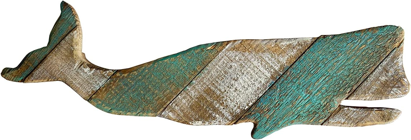 Rustic Wooden Nautical Hanging Handcarved Whale Wall Decor, Distressed Whale Wall Sculpture Indoor Outdoor Beach Themed Decoration 16''H