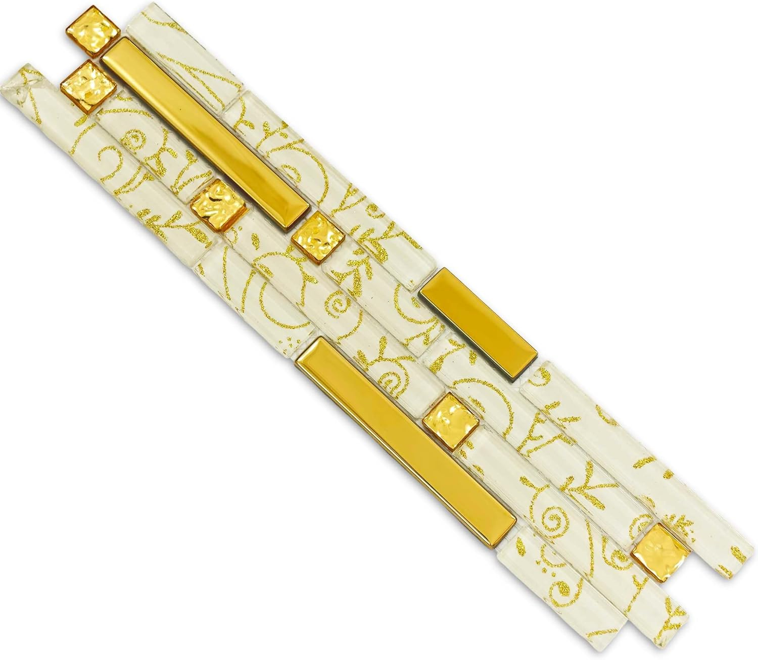 Metallic Glass Tile Luxury Gold Linear Interlocking Elegant Floral Pattern Accents Mosaic for Kitchen Backsplash Bathroom Wall and Fireplace Decor (3x12 Sample)