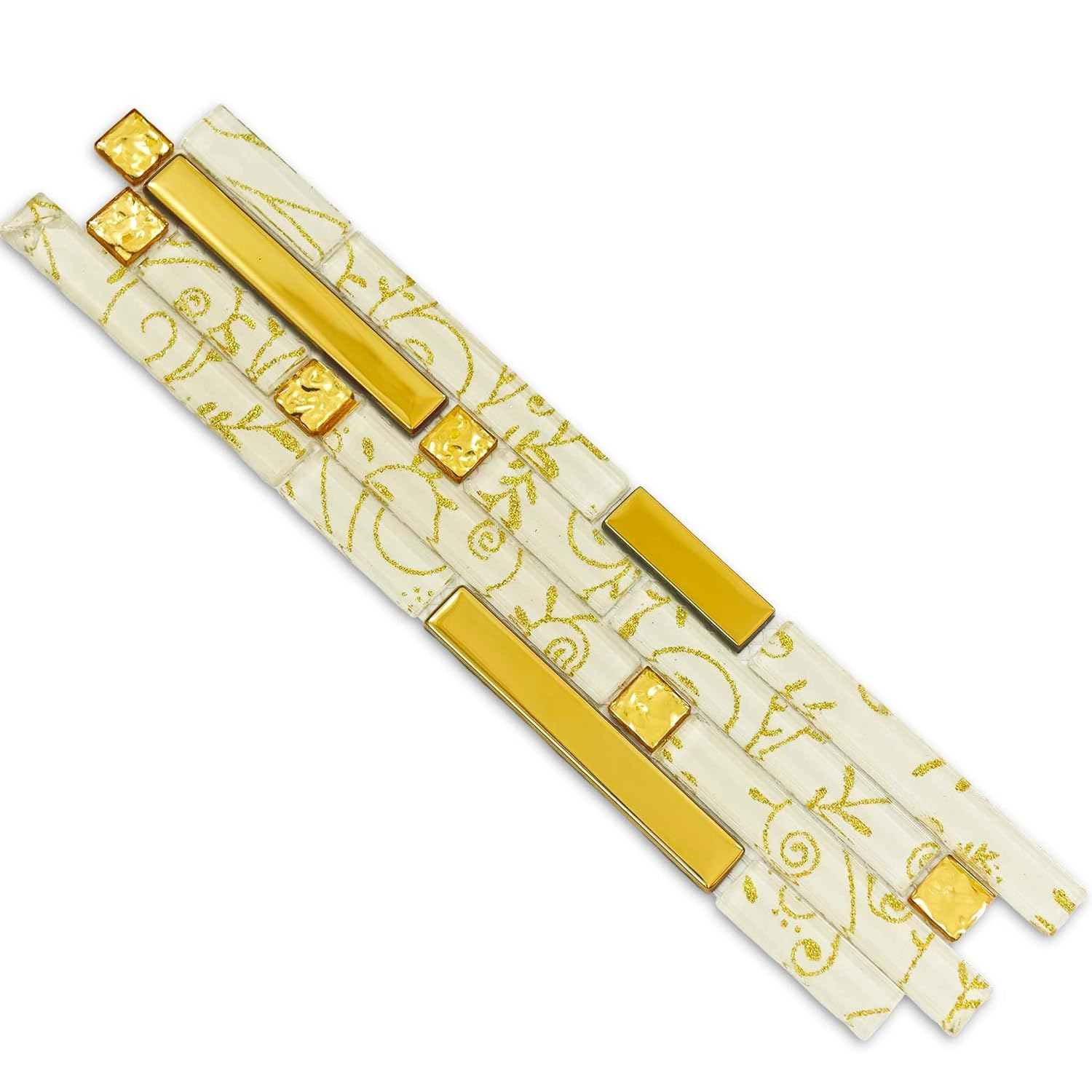 Metallic Glass Tile Luxury Gold Linear Interlocking Elegant Floral Pattern Accents Mosaic for Kitchen Backsplash Bathroom Wall and Fireplace Decor (3x12 Sample)