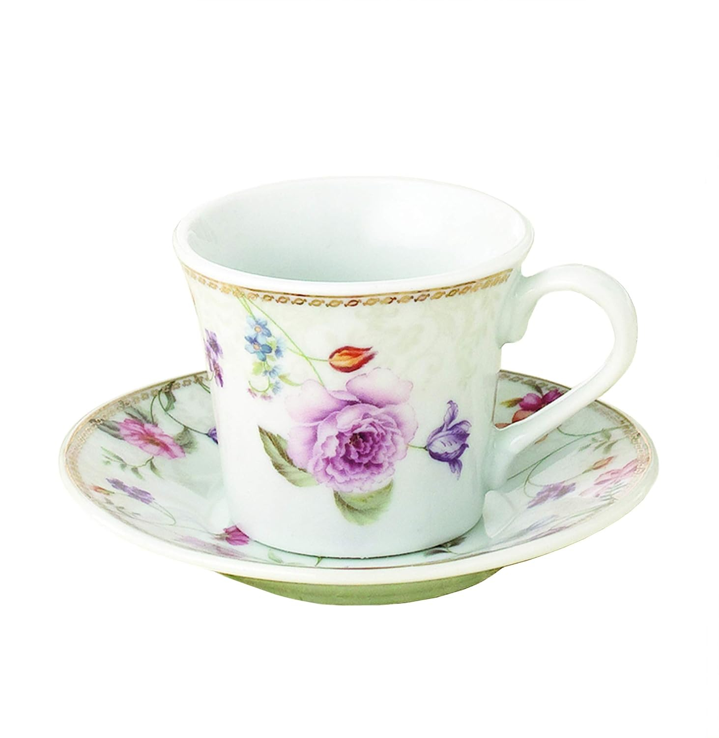 Floral Ceramic Espresso Cups with Saucers and Stand, 13-Piece Set