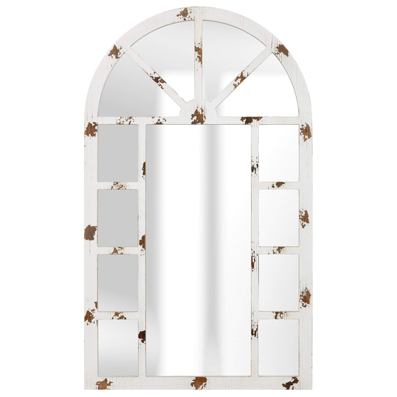 Patton Wall Decor Arch Windowpane Wall Mirror, Distressed White, 24x40"