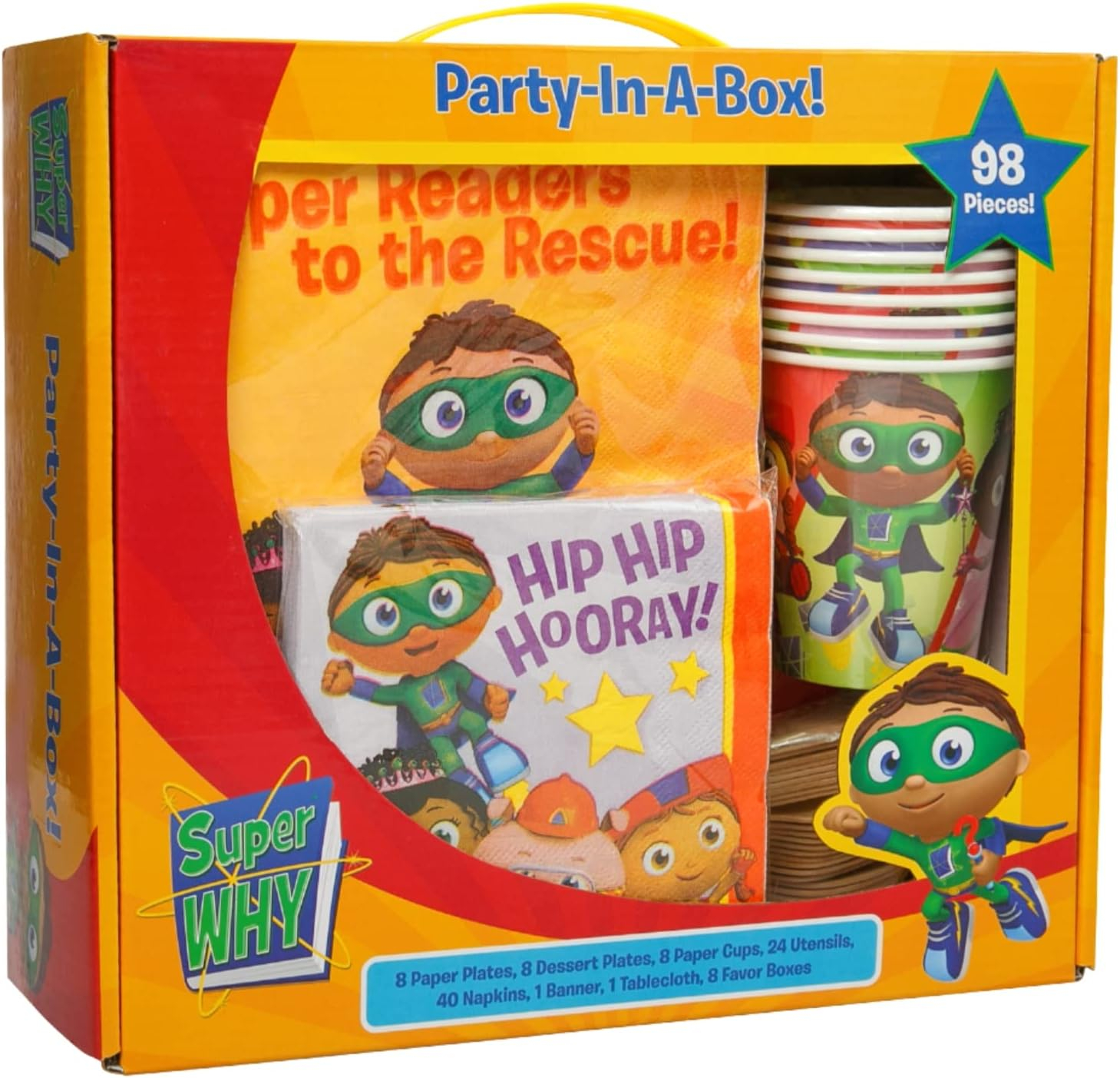 Super Why! Party In A Box Complete Party Kit: 8 Plates, 8 Dessert Plates, 20 Napkins, 8 Cups, 8 Favor Boxes, 24 Utensils, 1 Tablecloth, & 1 77" Banner - All Characters Included!