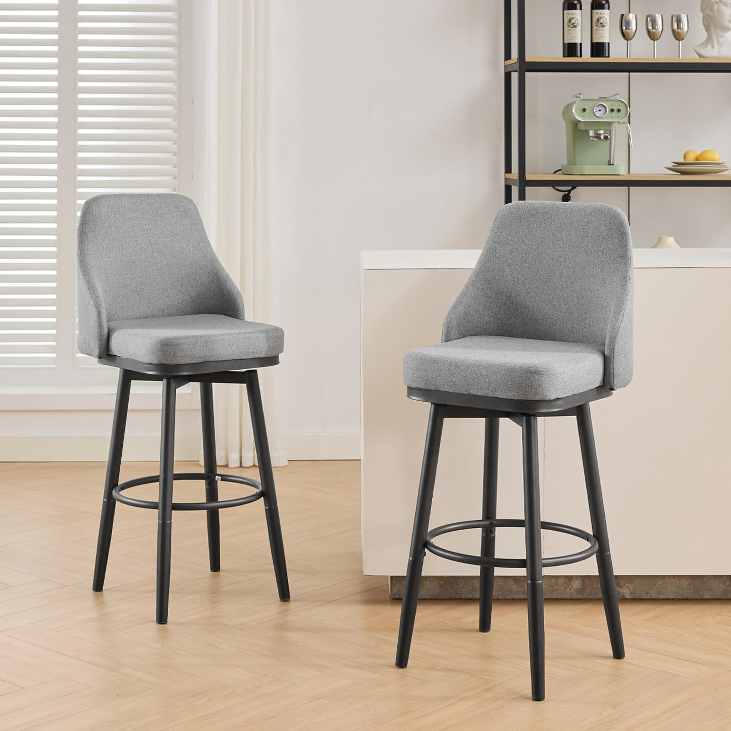 ELIASER Bar Stools Set of 2,Counter Height Barstools Swivel Chair for Kitchen Counter with Back Upholstered Linen Foam Cushion,Metal Leg 29 Inch and 24 Inch Gray