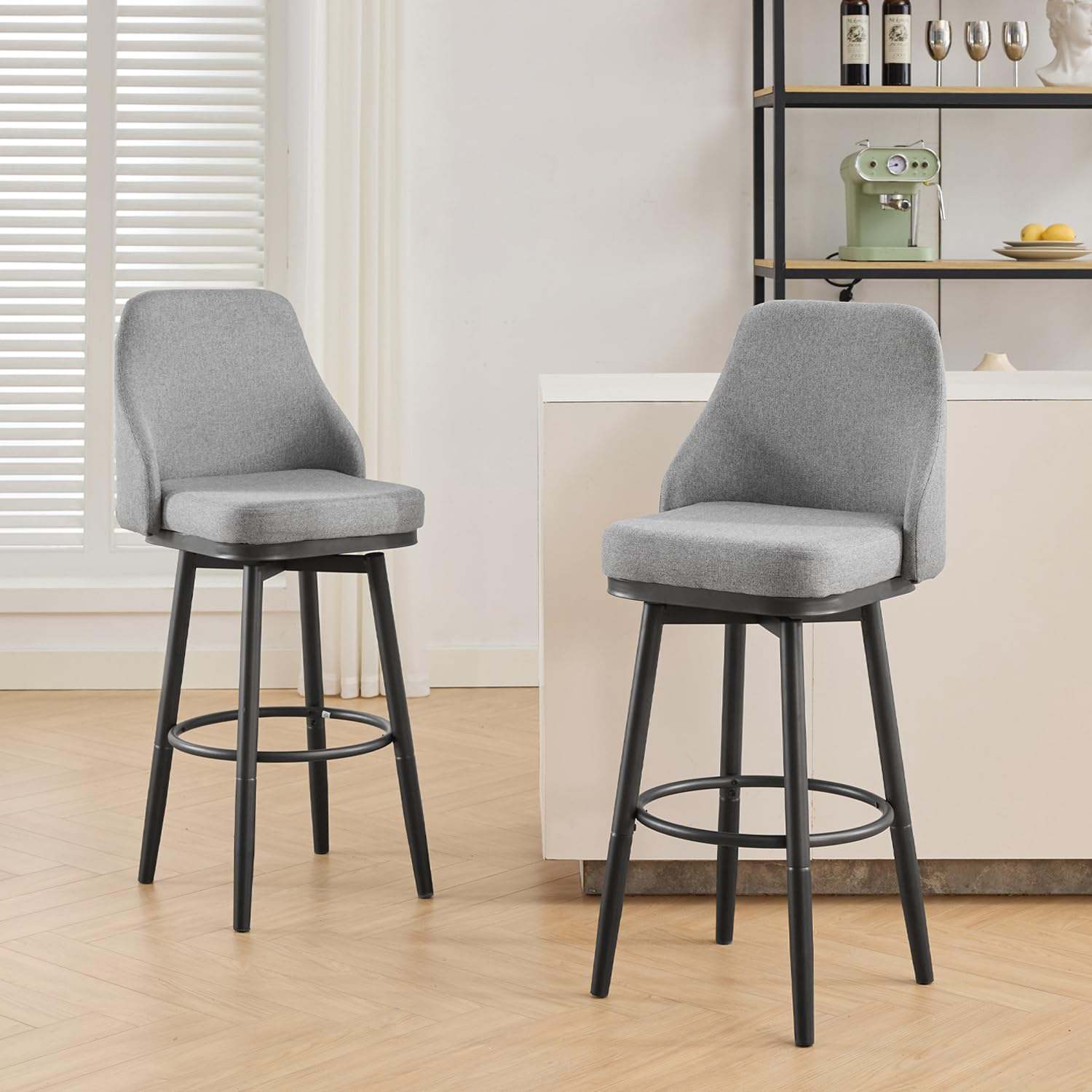 ELIASER Bar Stools Set of 2,Counter Height Barstools Swivel Chair for Kitchen Counter with Back Upholstered Linen Foam Cushion,Metal Leg 29 Inch and 24 Inch Gray
