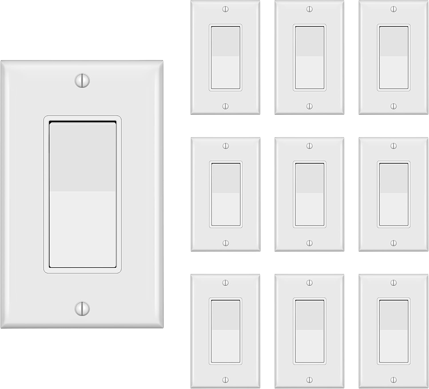 Decorator Switch with Wall Plate, Single Pole Rocker Light Switch, Grounding Screw, Residential Grade, 15A 120V/277V, UL Listed, YX-S001-10PACK, White (10 Pack)