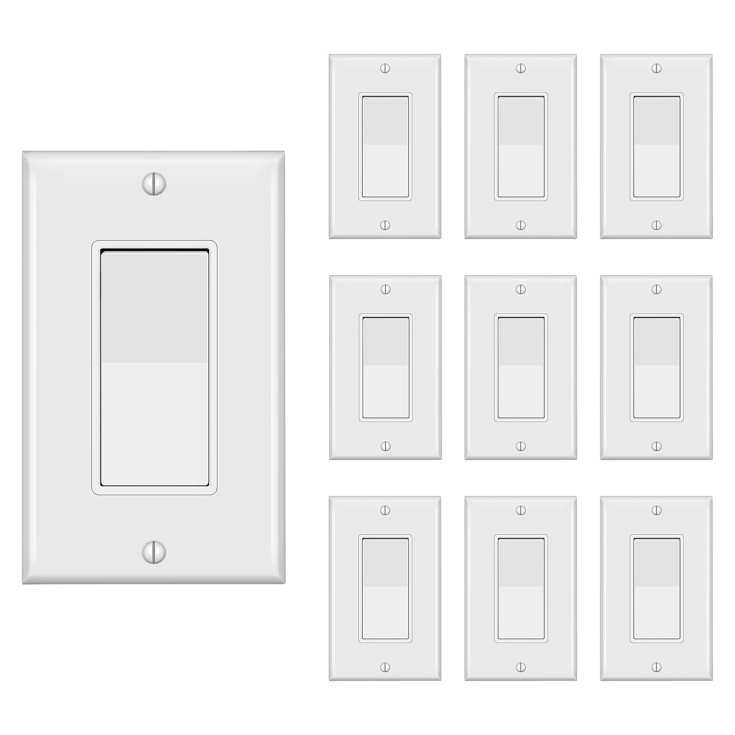 Decorator Switch with Wall Plate, Single Pole Rocker Light Switch, Grounding Screw, Residential Grade, 15A 120V/277V, UL Listed, YX-S001-10PACK, White (10 Pack)
