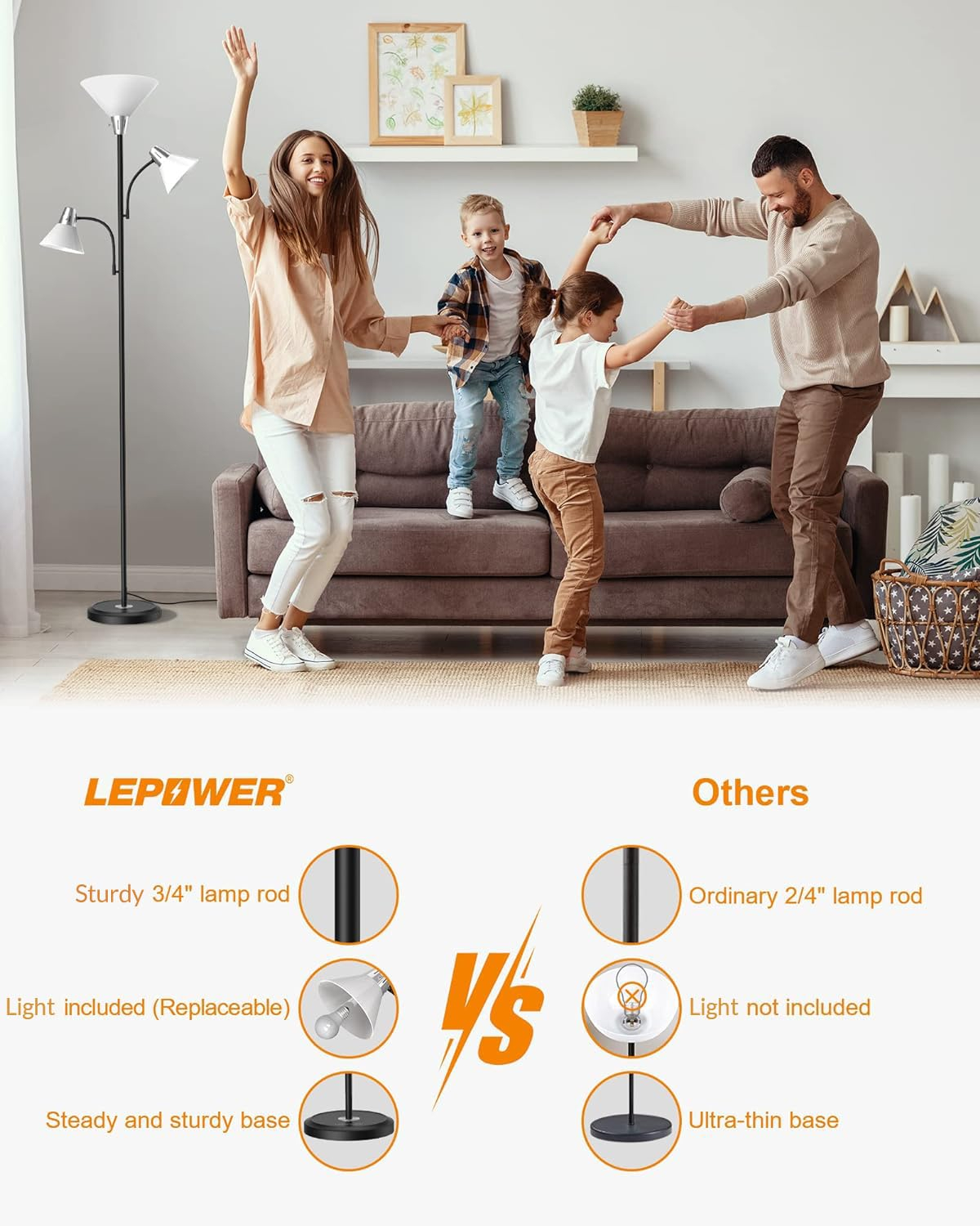 LEPOWER Floor Lamp, Standing Lamp with Replaceable 3000K Energy-Saving, Lamp for Living Room with Adjustable Reading Lights, Modern Bright Floor Lamp for Bedroom, Living Room, Office