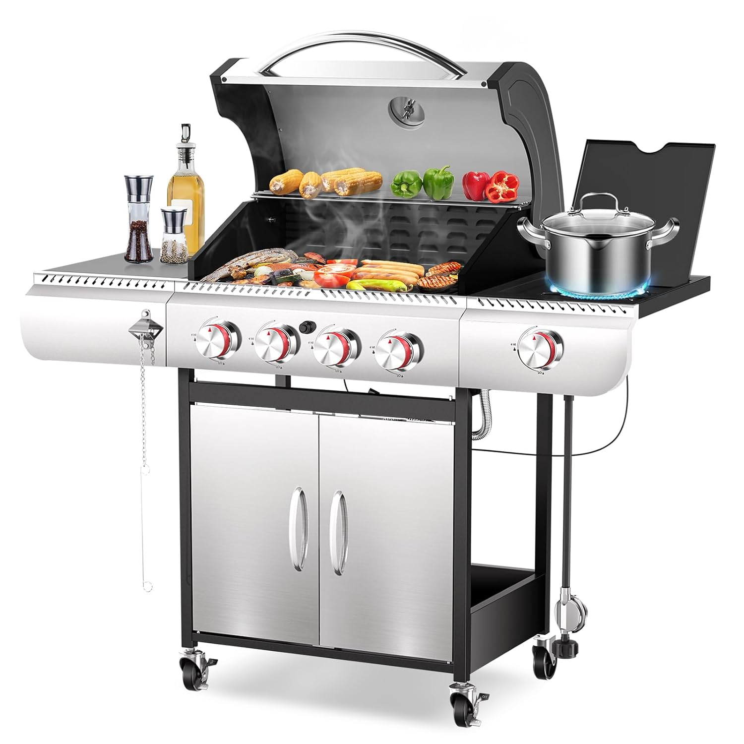 R.W.FLAME 4-Burner Propane Gas BBQ Grill with Side Burner & Cast iron grill net and baking pan, 42,000 BTU Stainless Steel Cabinet Style Propane Grill