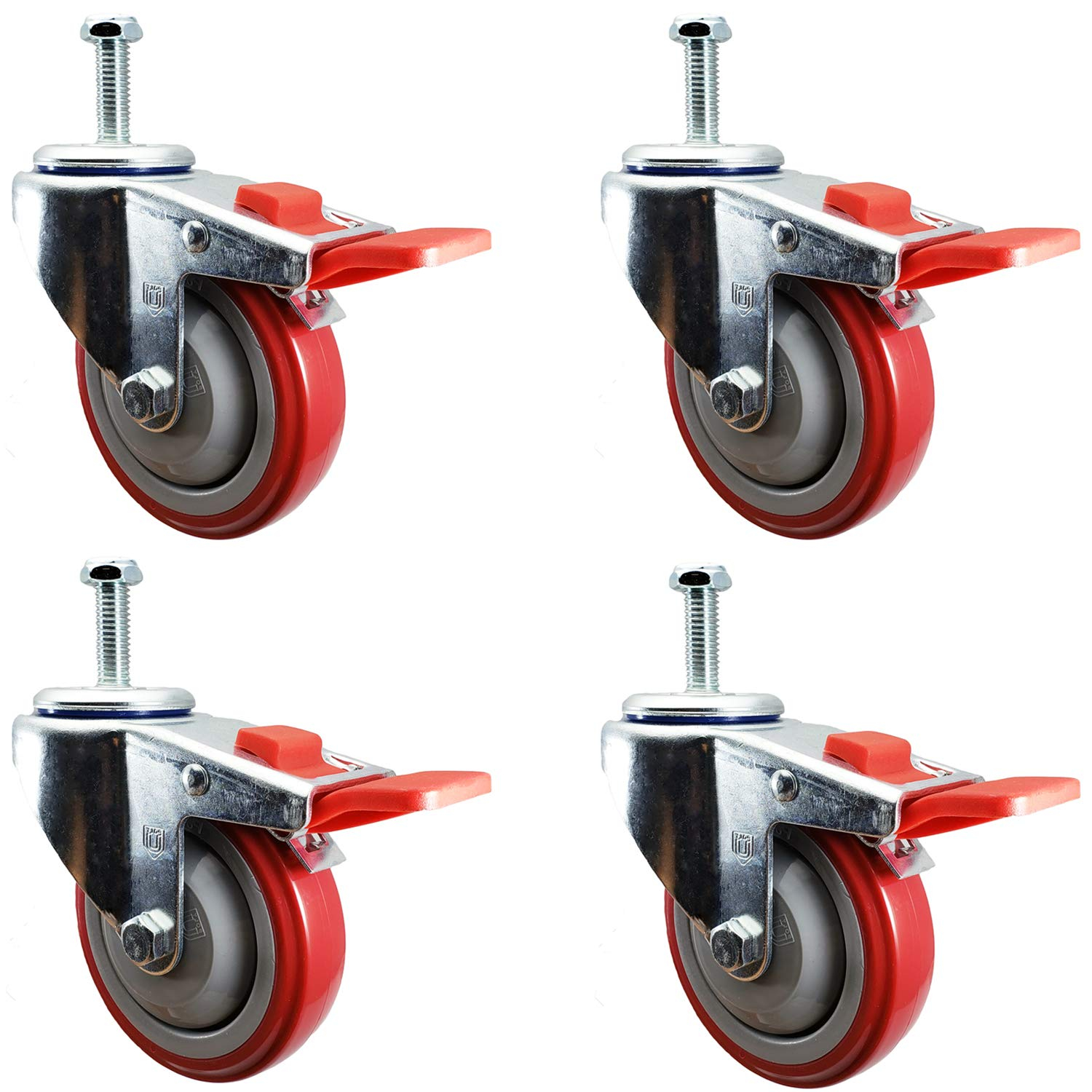 4 Inch Red Polyurethane Total Lock Caster Set of 4