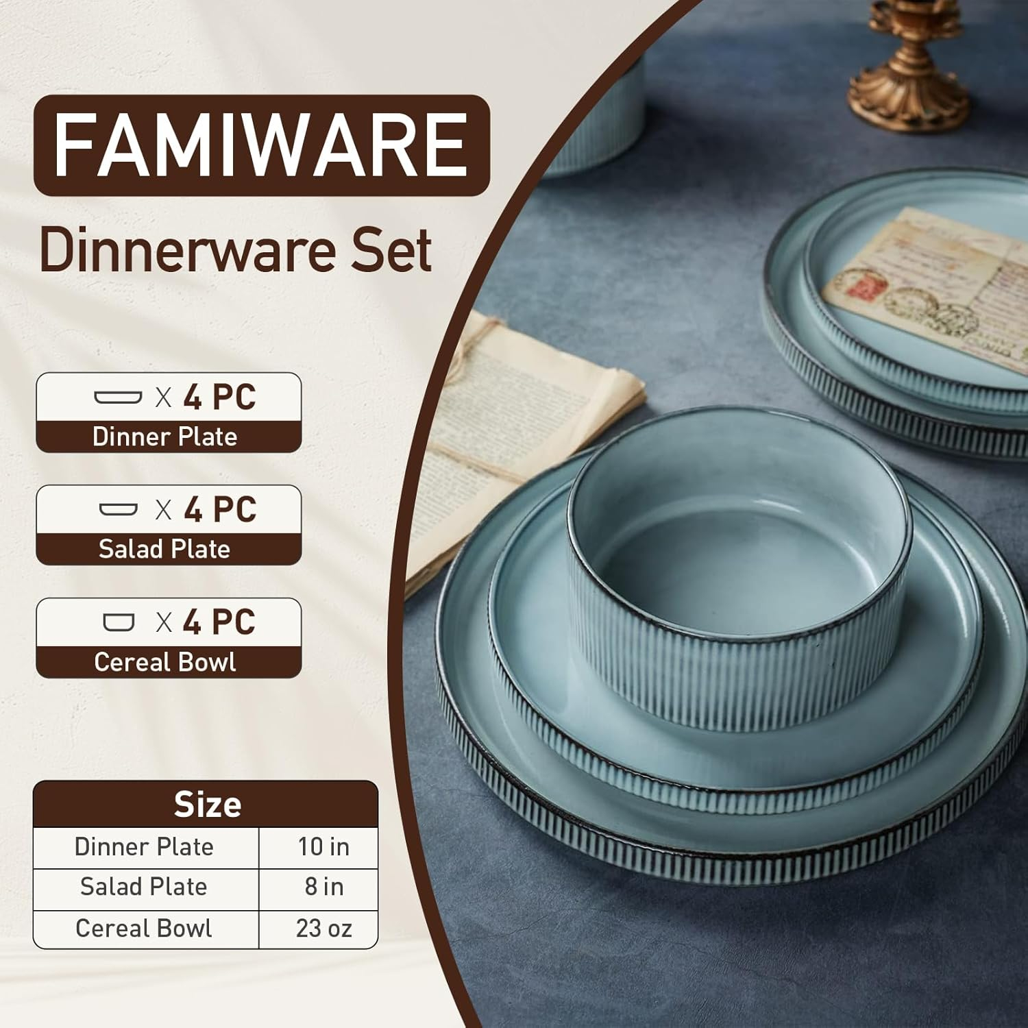Famiware Star Stoneware Dinnerware Sets, Plates and Bowls Set for 4, 12 Piece Dish Set, Smoky Blue