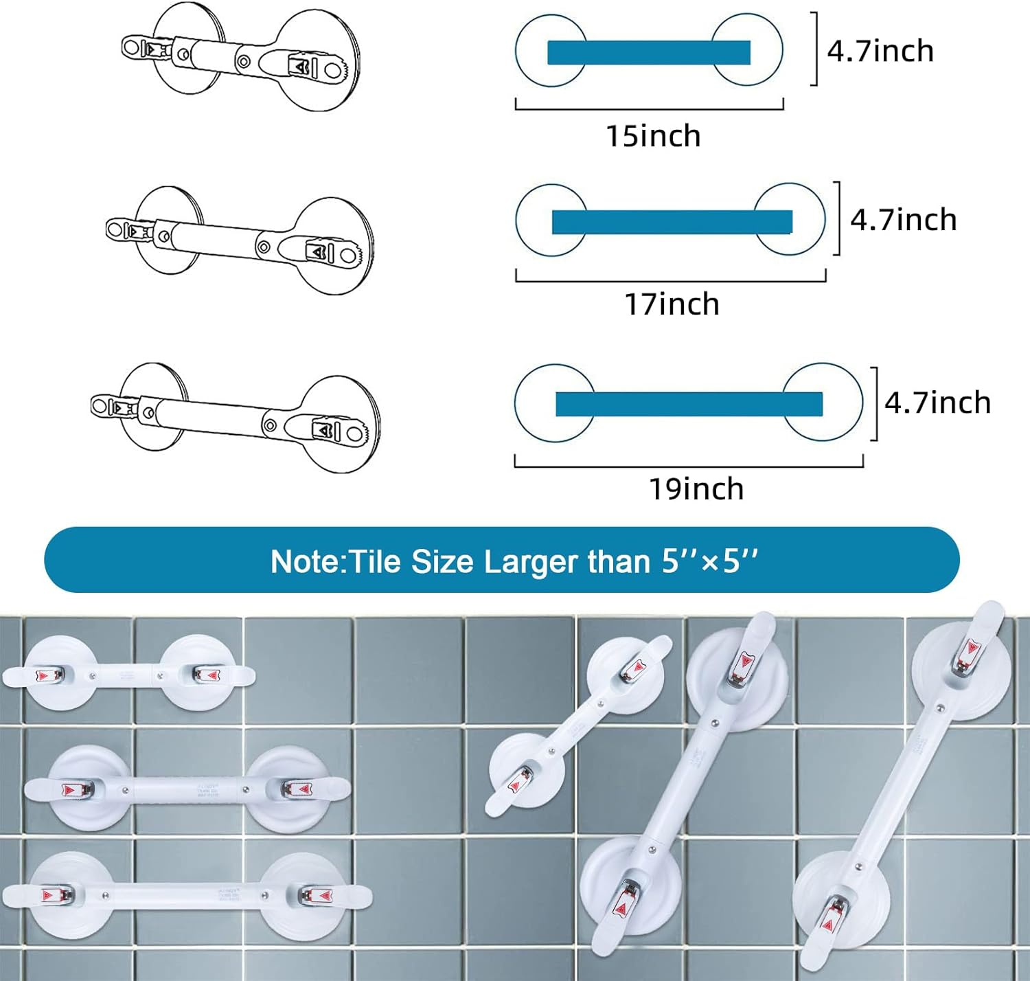 17inch Suction Shower Grab Bar, Portable Shower Handle Bar Suction Grip Bar Bathtub Handle with Strong Hold Suction Cup Fitting and Rapid Release for Bathroom(Max Capacity :253lb）
