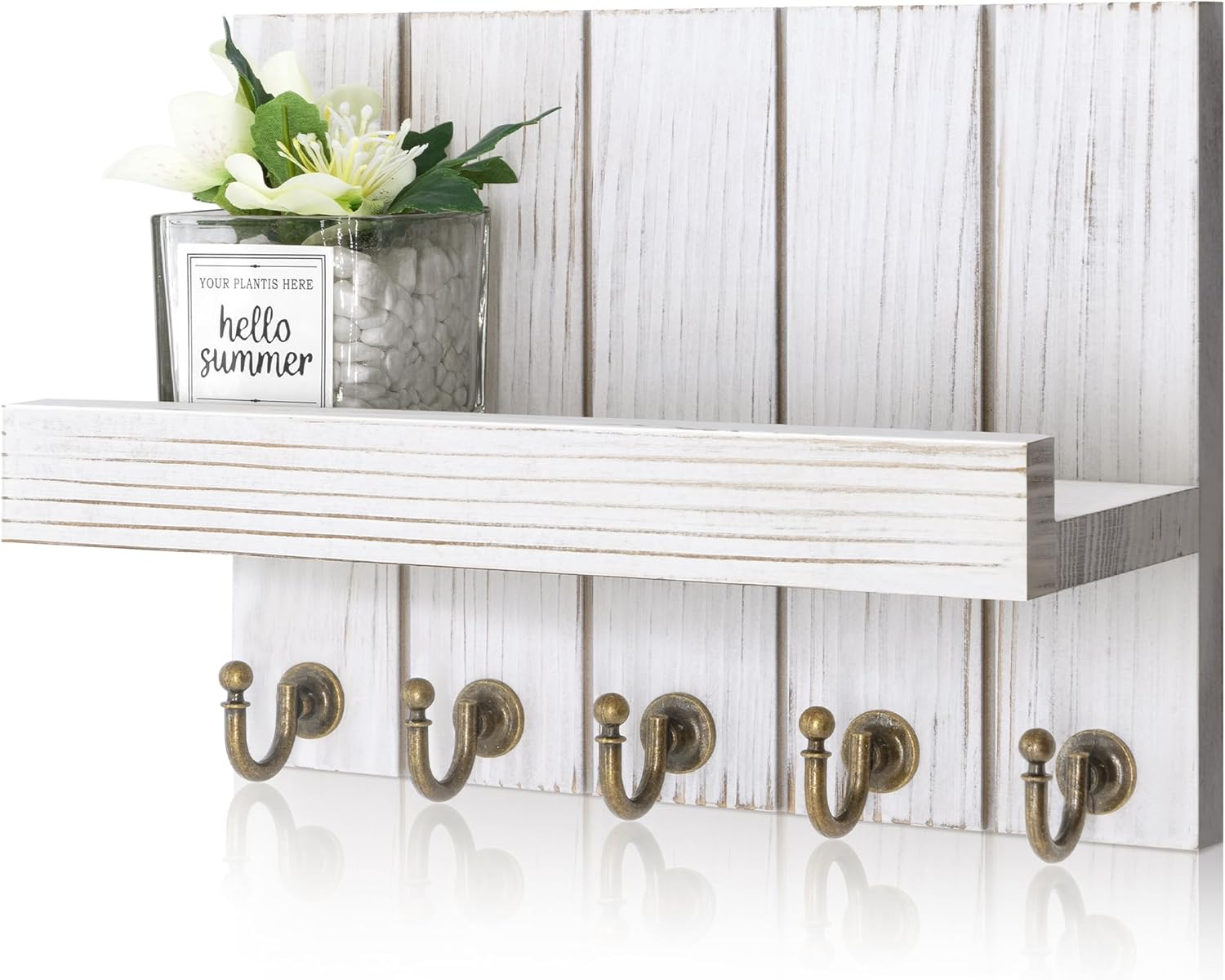 Rebee Vision Key Holder Wall Mount - Decorative Key and Mail Organizer for Wall with Shelf - Entryway and Living Room Decor(White)