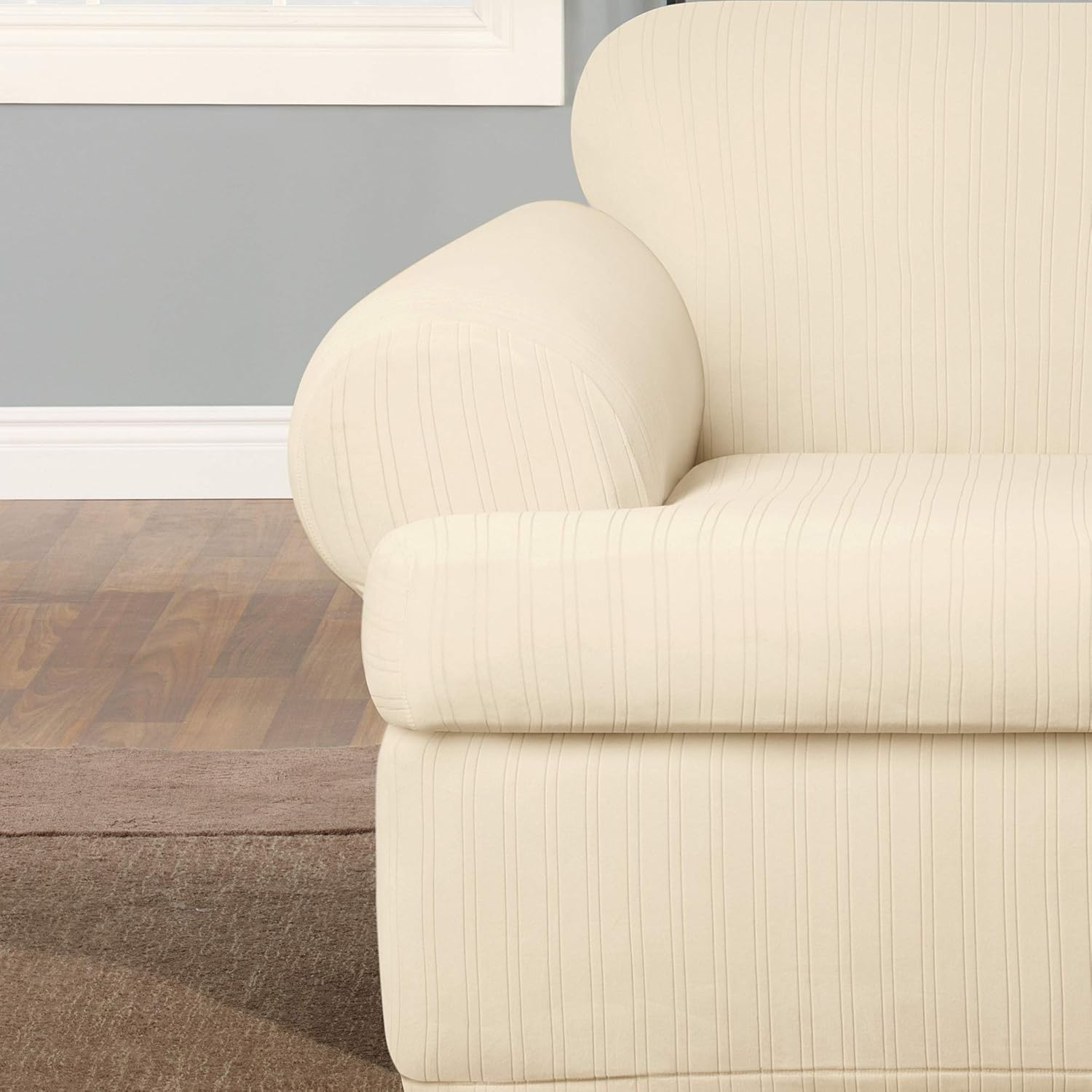 SureFit  Stretch Pinstripe 2 Piece T Cushion Chair Slipcover Cream