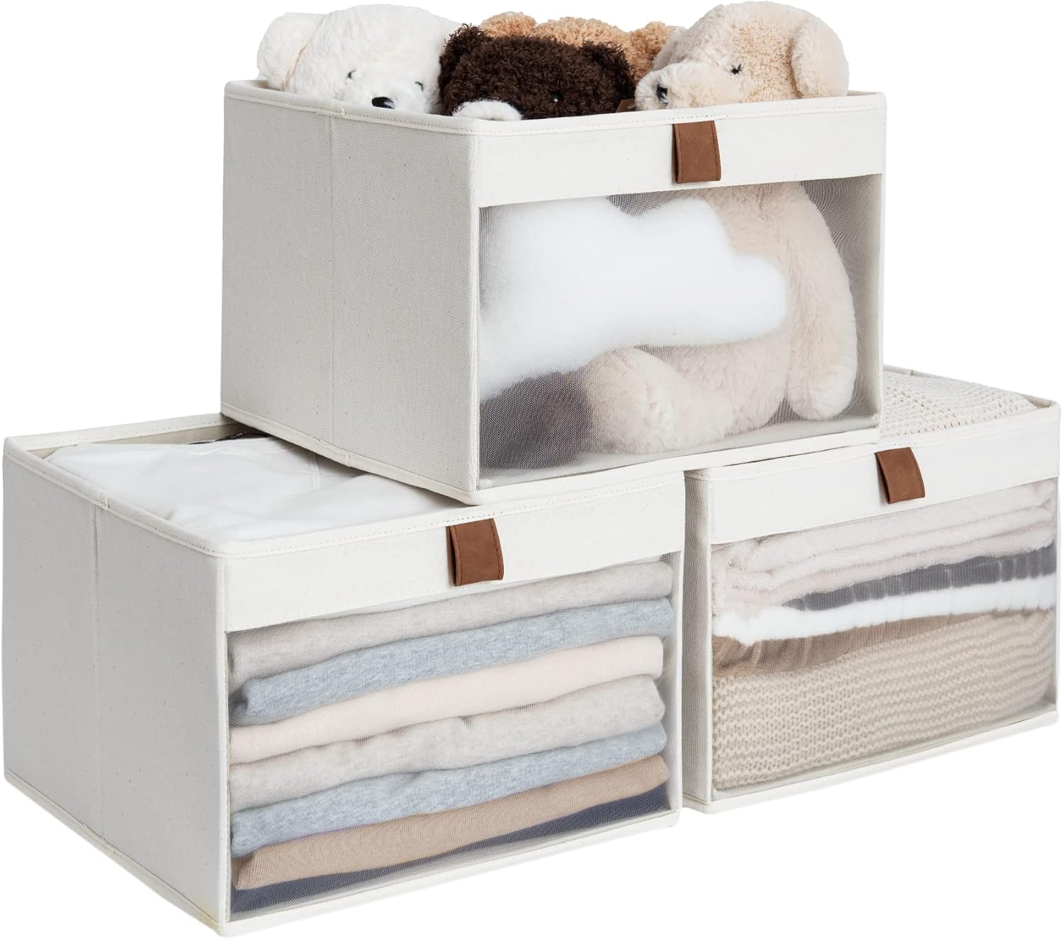 Closet Storage Bins with Clear Window and 2 Handles, Foldable Clothing Bins for Shelves, Large Fabric Organizer, Beige, 3 Pack