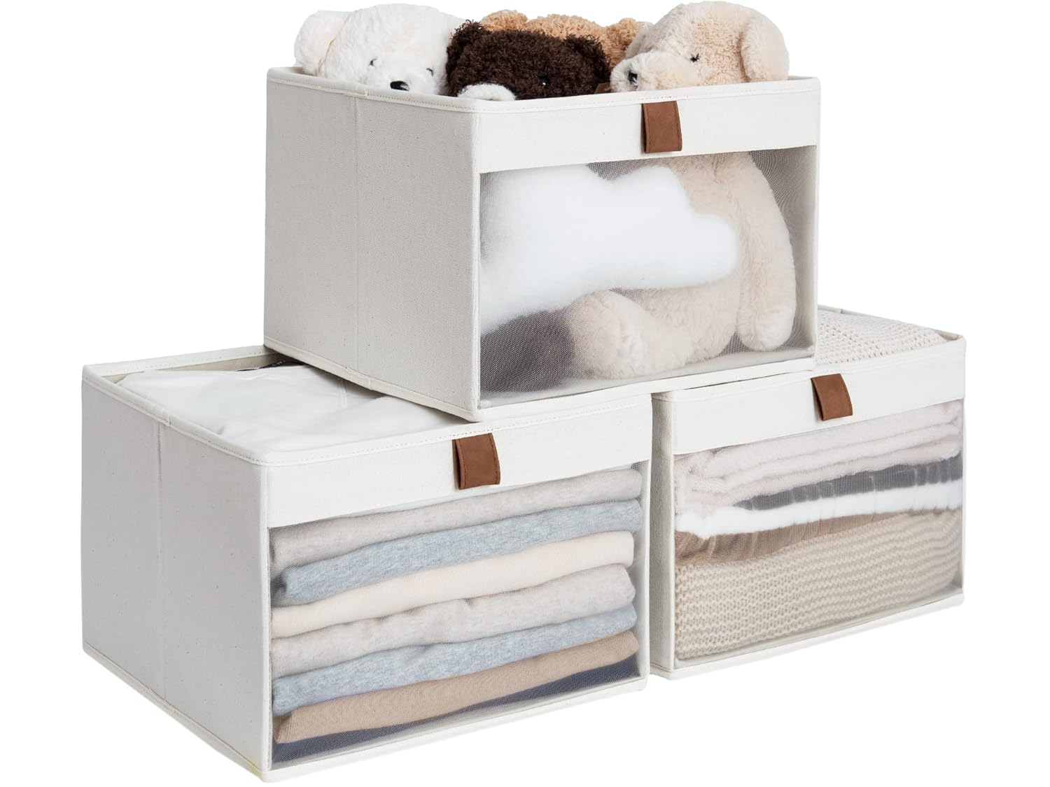 Closet Storage Bins with Clear Window and 2 Handles, Foldable Clothing Bins for Shelves, Large Fabric Organizer, Beige, 3 Pack