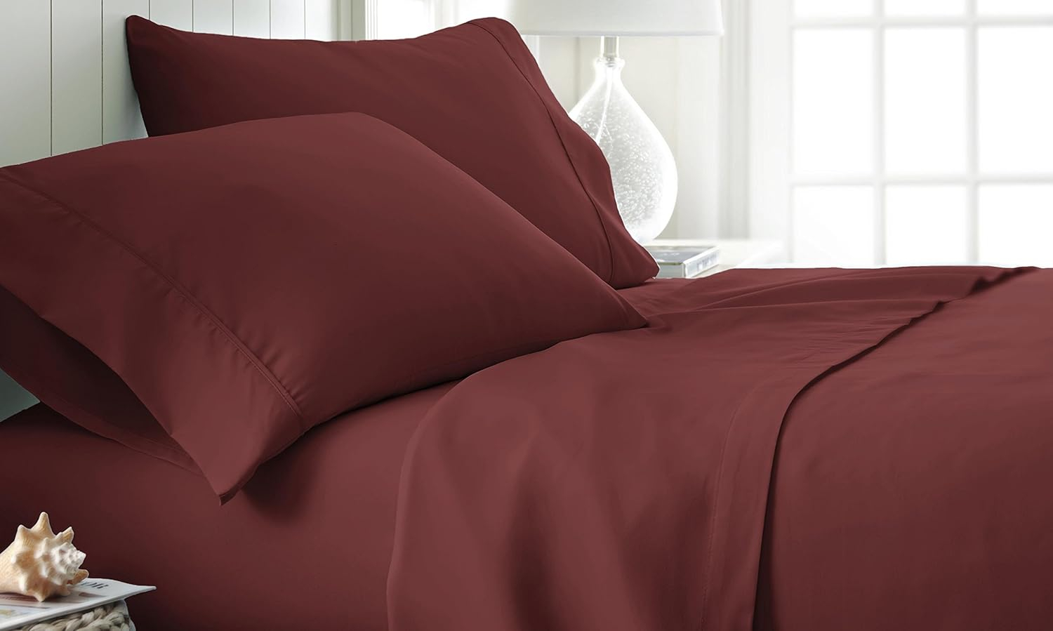 4-Piece Burgundy Solid Microfiber 300 Thread Count Queen Sheet Set