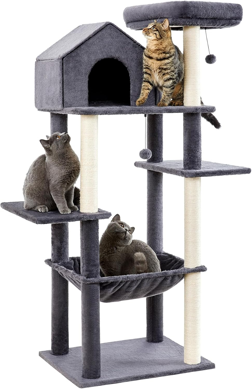 Gray 60 inch Multi-Level Cat Tree with Sisal Posts and Hammock