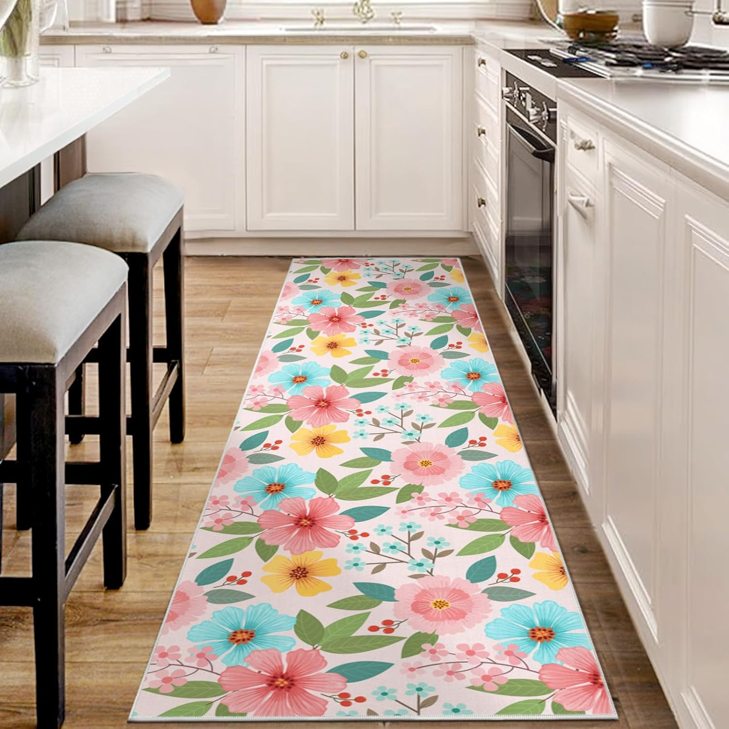 Elegant Floral Rug Hallway Runner Rug- 2 x 6 ft,Non Slip Washable Runner Rugs with Rubber Backing Soft Flowers Carpet Runner for Bedroom Kitchen Dining Room Laundry-Pink