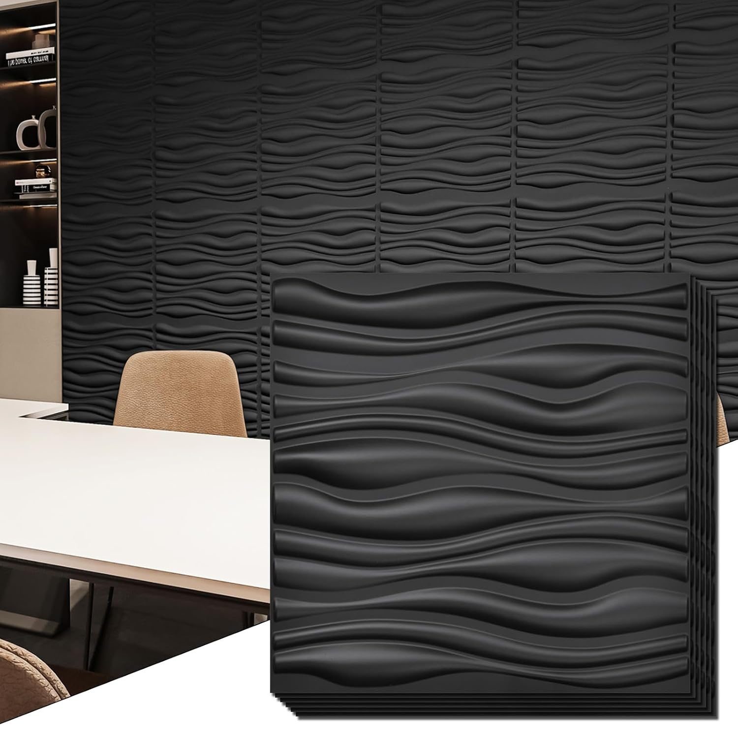 Art3d PVC Wave Board Textured 3D Wall Panels, Black, 19.7" x 19.7" (12 Pack)