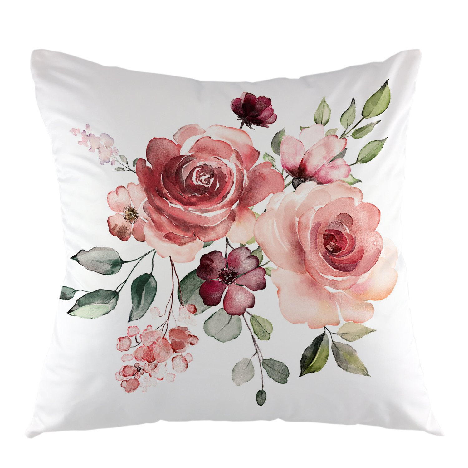 oFloral Flower Throw Pillow Cover Flower Floral Leaf Buds Pillow Case Square Decorative Cushion Cover for Sofa Couch Home Bedroom Indoor Outdoor Pillowcase 18 x 18 Inch Green Pink White