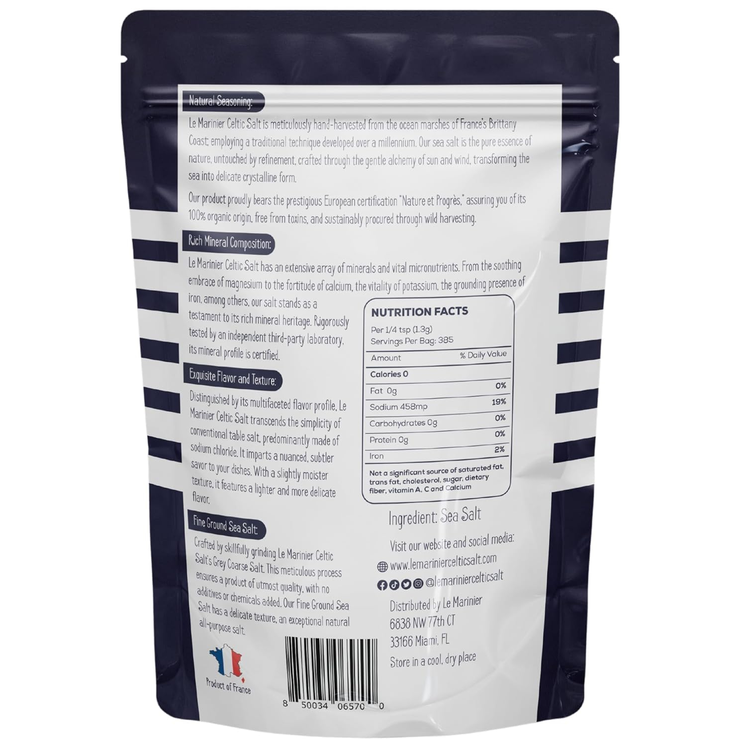 Le Marinier Celtic Salt Fine Ground, 1.1lb - 18oz. Unrefined French Sea Salt 100% Natural, Hand Harvested Mineral Celtic Salt (1.1lb Fine Ground)