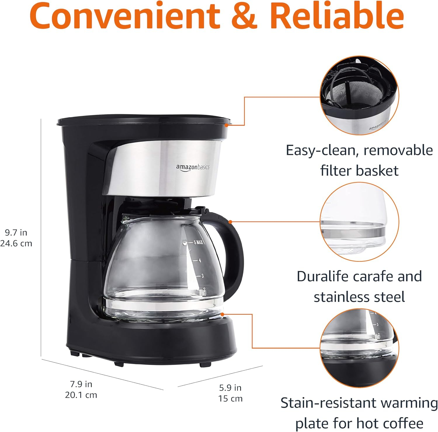 Coffee Makers, 5-Cup Coffee Machines with Reusable Filter, Coffee Pots, Black & Stainless Steel