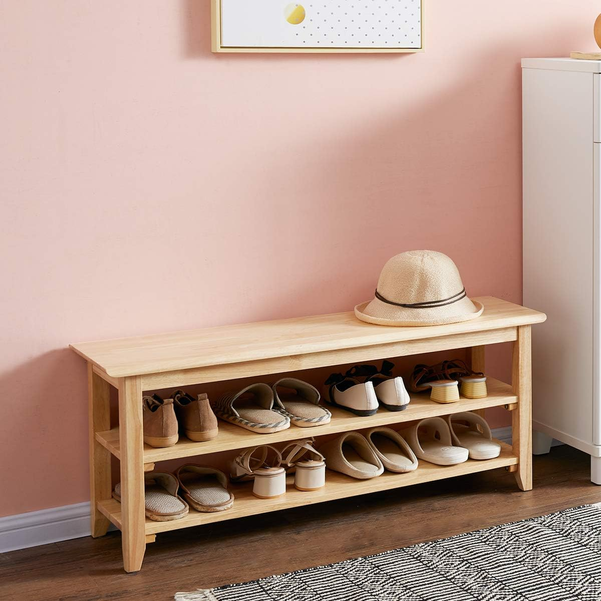 XKZG Storage Bench Wooden Shoe Bench Simple Style Wood Entryway Bench Shoe Rack (Natural,39.4")