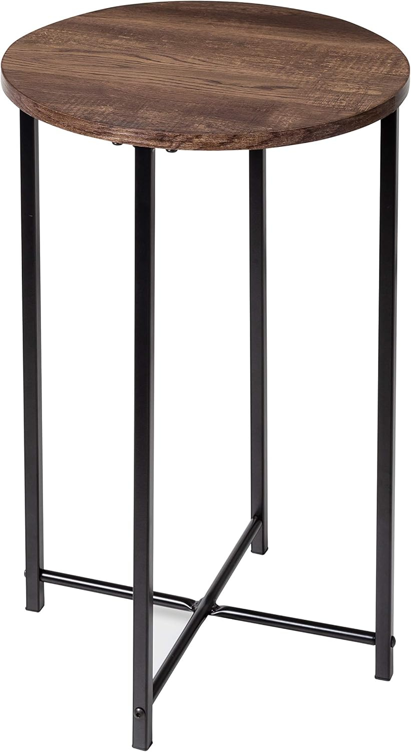 Honey-Can-Do Steel and MDF Round Side Table with X-Pattern Base, Black/Natural