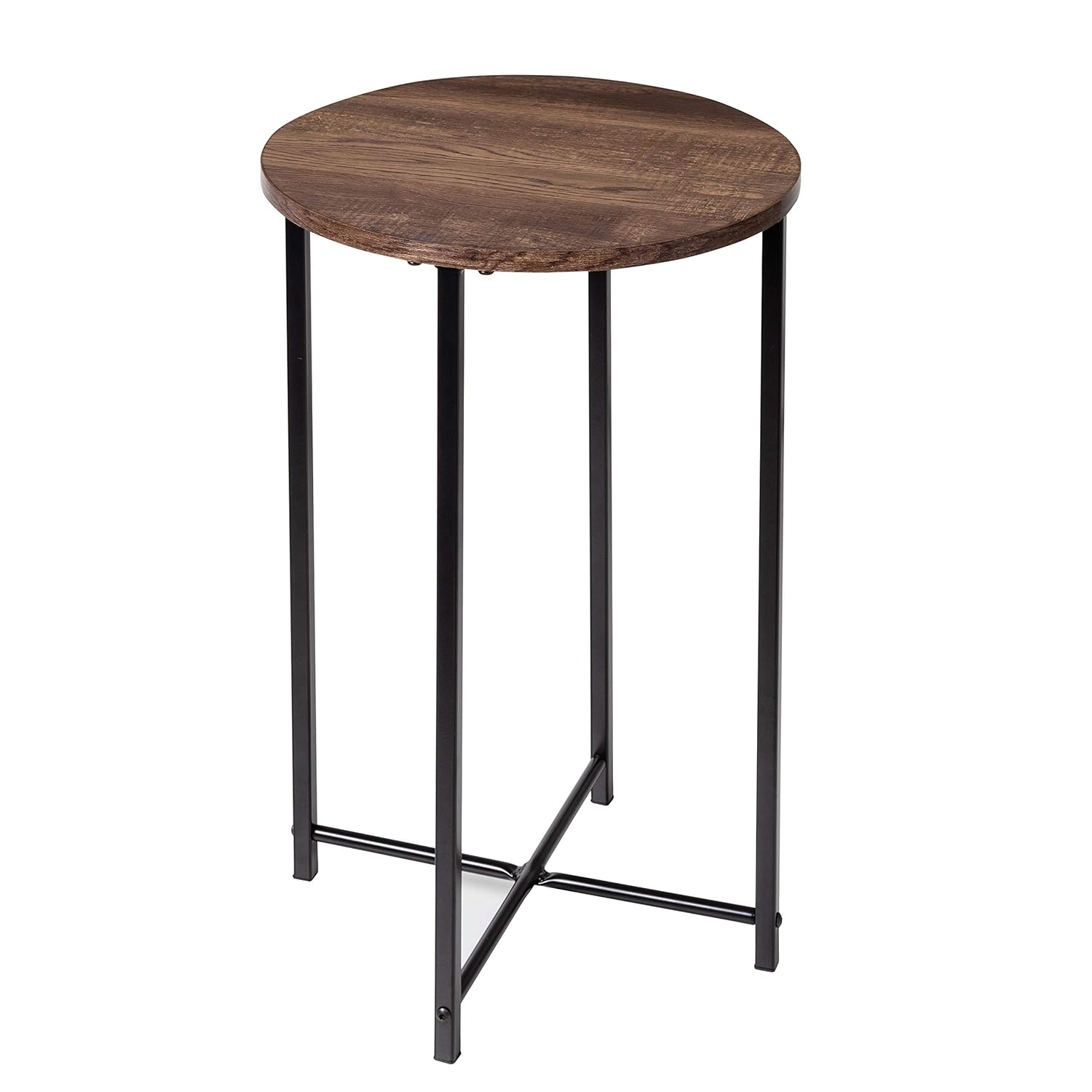 Honey-Can-Do Steel and MDF Round Side Table with X-Pattern Base, Black/Natural