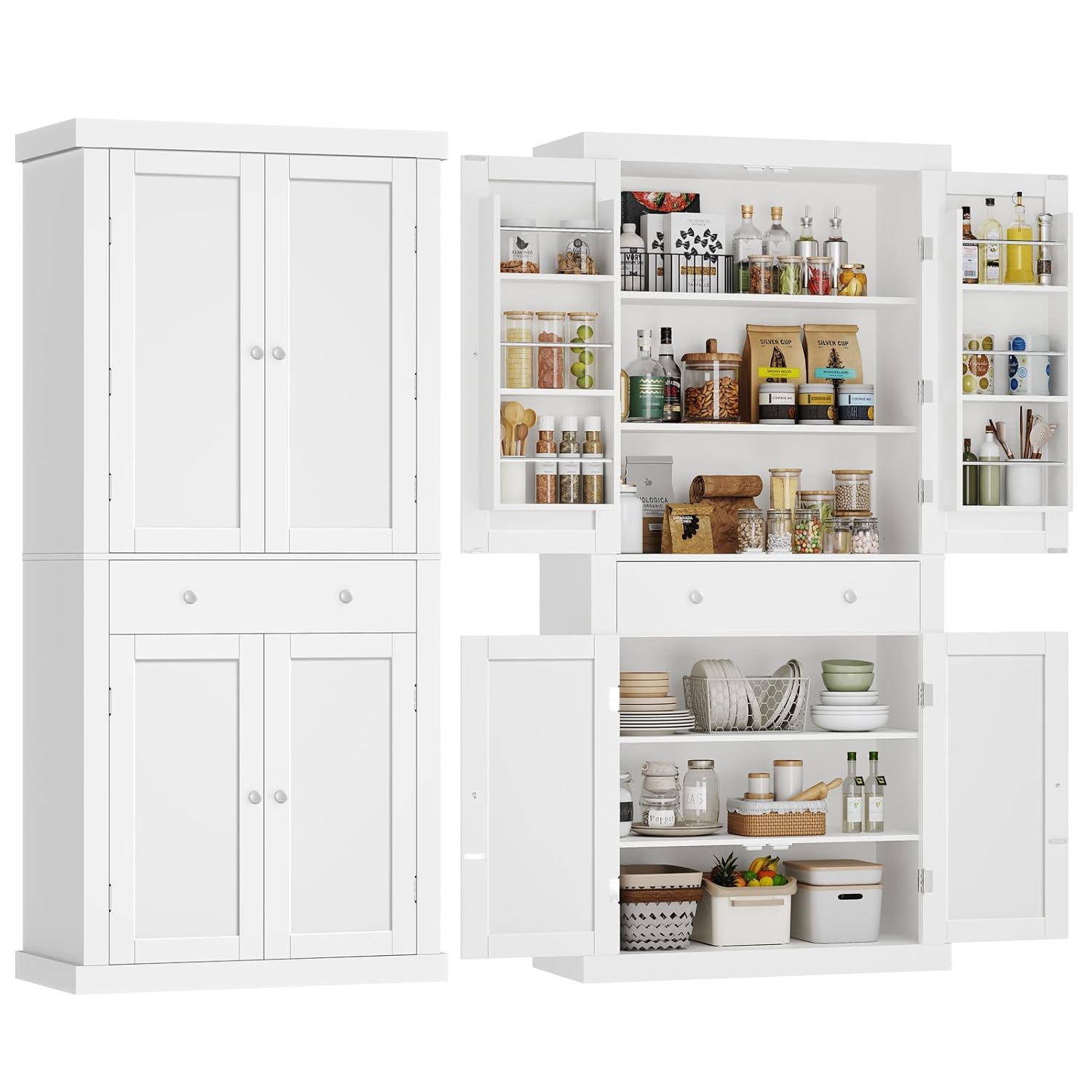 usikey 72” Pantry Cabinet, Tall Kitchen Storage Cabinet with 4 Doors and 1 Drawer, Cupboard with 6 Hanging Shelves and Adjustable Shelves for Kitchen, Dining Room, Living Room, White