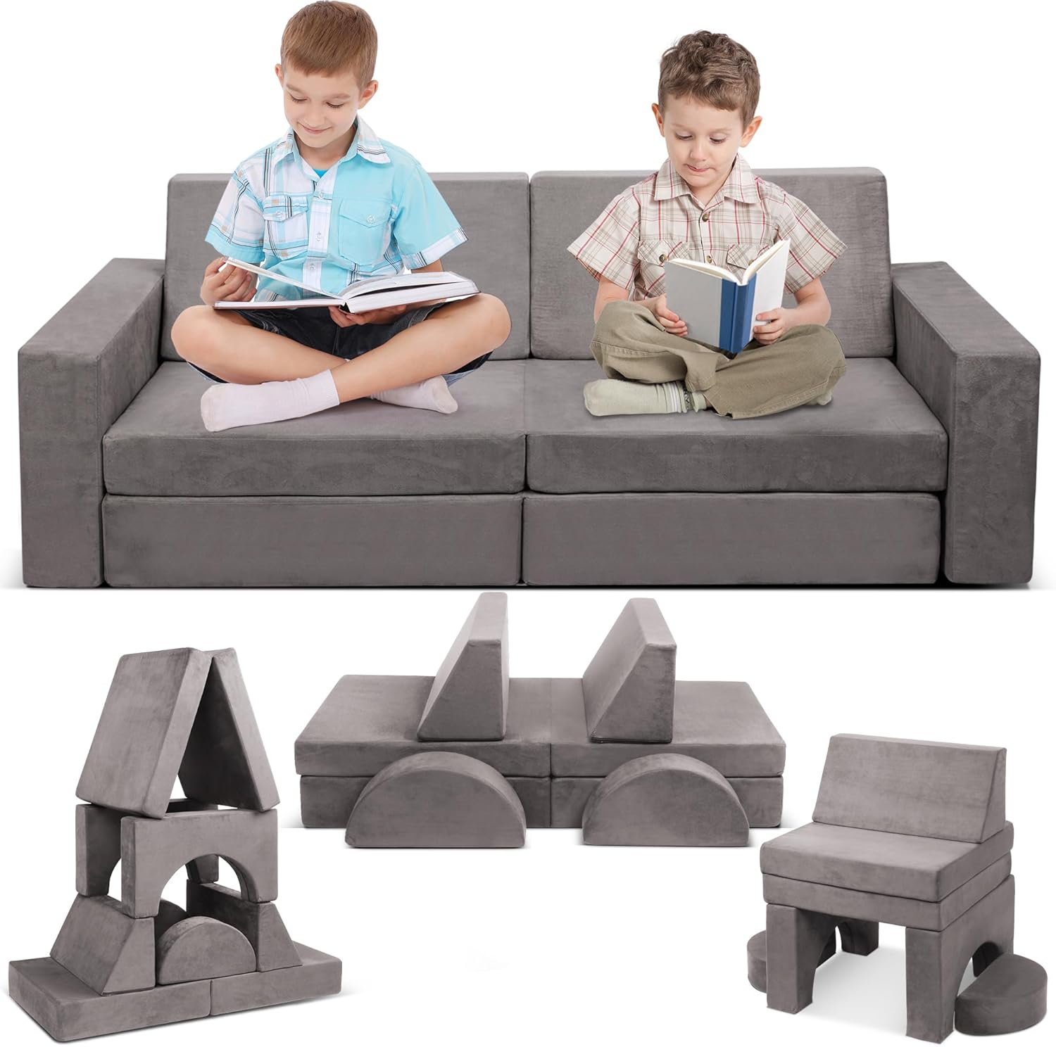 Tolead Modular Kids Play Couch Child Sectional Sofa, Imaginative Furniture Play Set for Creative Kids,Toddler to Teen Bedroom Furniture, Girls and Boys Playroom Convertible Sofa, Gray