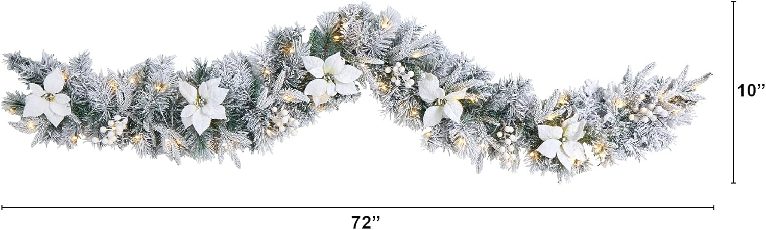 6ft Flocked White Poinsettia and Berry Artificial Christmas Garland with LED Lights
