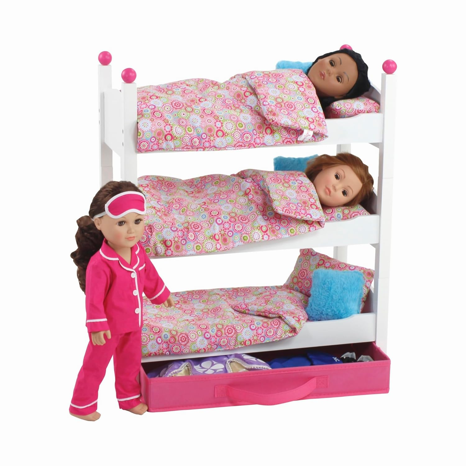 Emily Rose 18 Inch Doll Clothes Bunk - 18" Doll Stackable Triple Bunkbed Gift Set  | 18" Doll Bed with Doll Clothing Storage Drawer and 3 - 4 PC Doll Bedding Accessory Sets | Fits American Girl Dolls