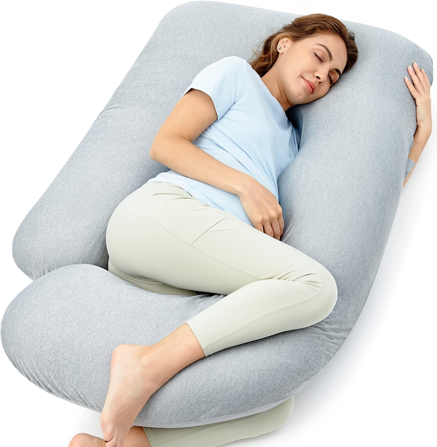 Momcozy Pregnancy Pillows with Cooling Cover, U-Shaped Full Body Maternity Pillow for Side Sleepers 57 inch Gray