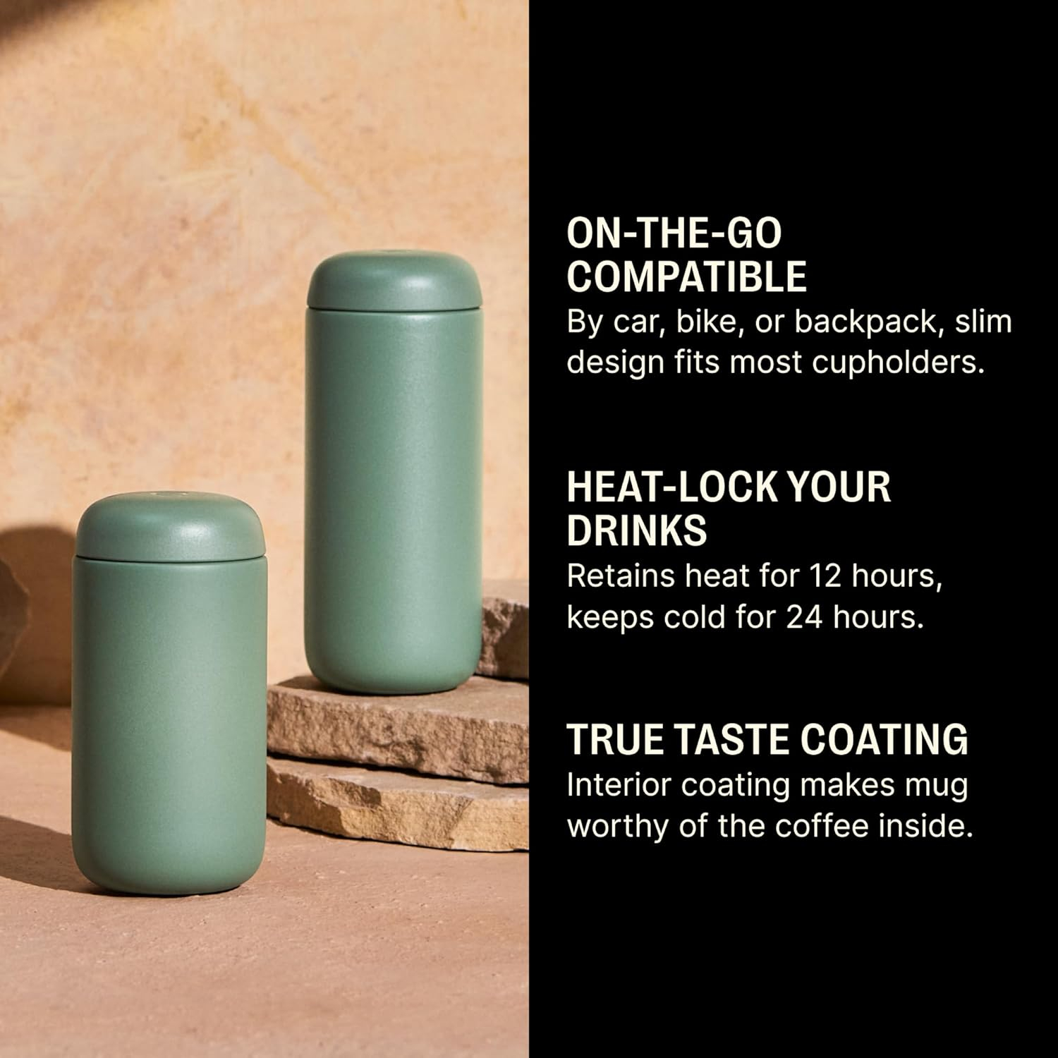 Fellow 16 oz Carter Move Travel Mug - Vacuum-Insulated Stainless Steel Travel Coffee Mug - Coffee Tumbler with Ceramic Interior and Splash Guard - Cargo Green
