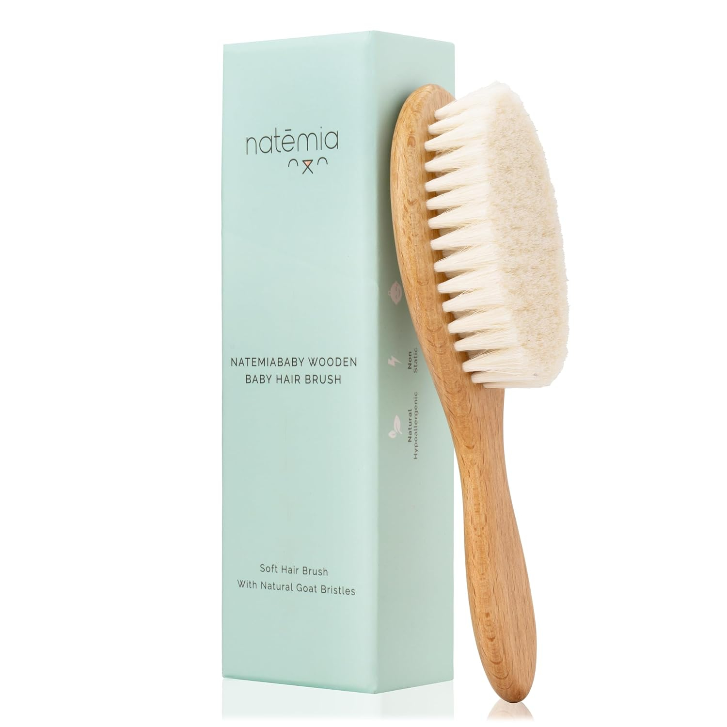 Natemia Baby Hair Brush with Soft Goat Hair Bristles - Gentle Wooden Toddler & Baby Comb - Cradle Cap Brush -Gift for Infants, Girls, Boys - Newborn Bath Essential