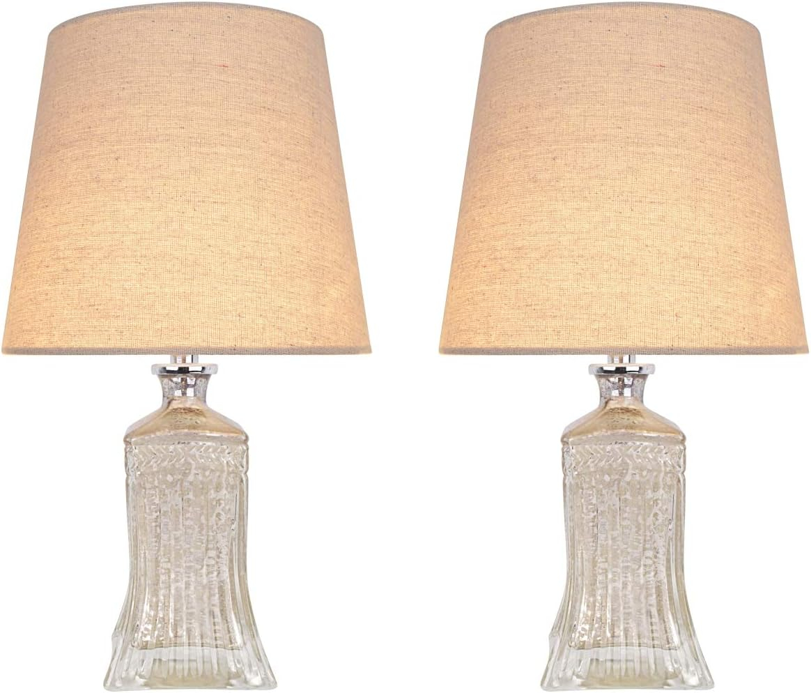 Aspen Creative 40203-12, Two Pack, 16-1/2" High Transitional Glass Table Lamp, Antique Mercury and Hardback Empire Shaped Lamp Shade in Khaki, 9" Wide