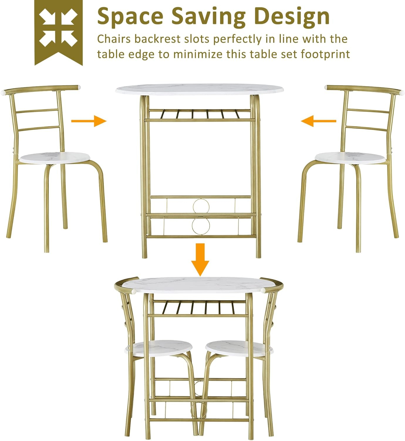 VECELO 3-Piece Dining Table Set for Kitchen Breakfast Nook, Wood Grain Oval Tabletop and Metal Frame with Built-in Wine Rack, for Small Spaces, 31.5", White & Gold