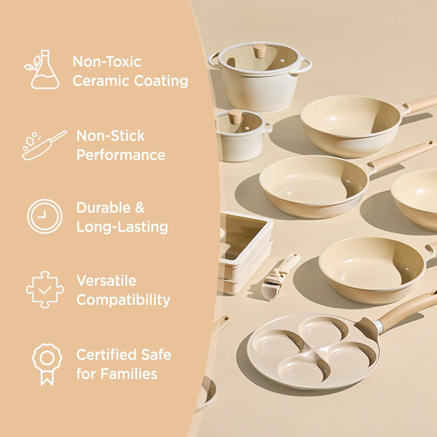 Beige Eco Ceramic Non-Stick Induction Wok Pan, 28cm