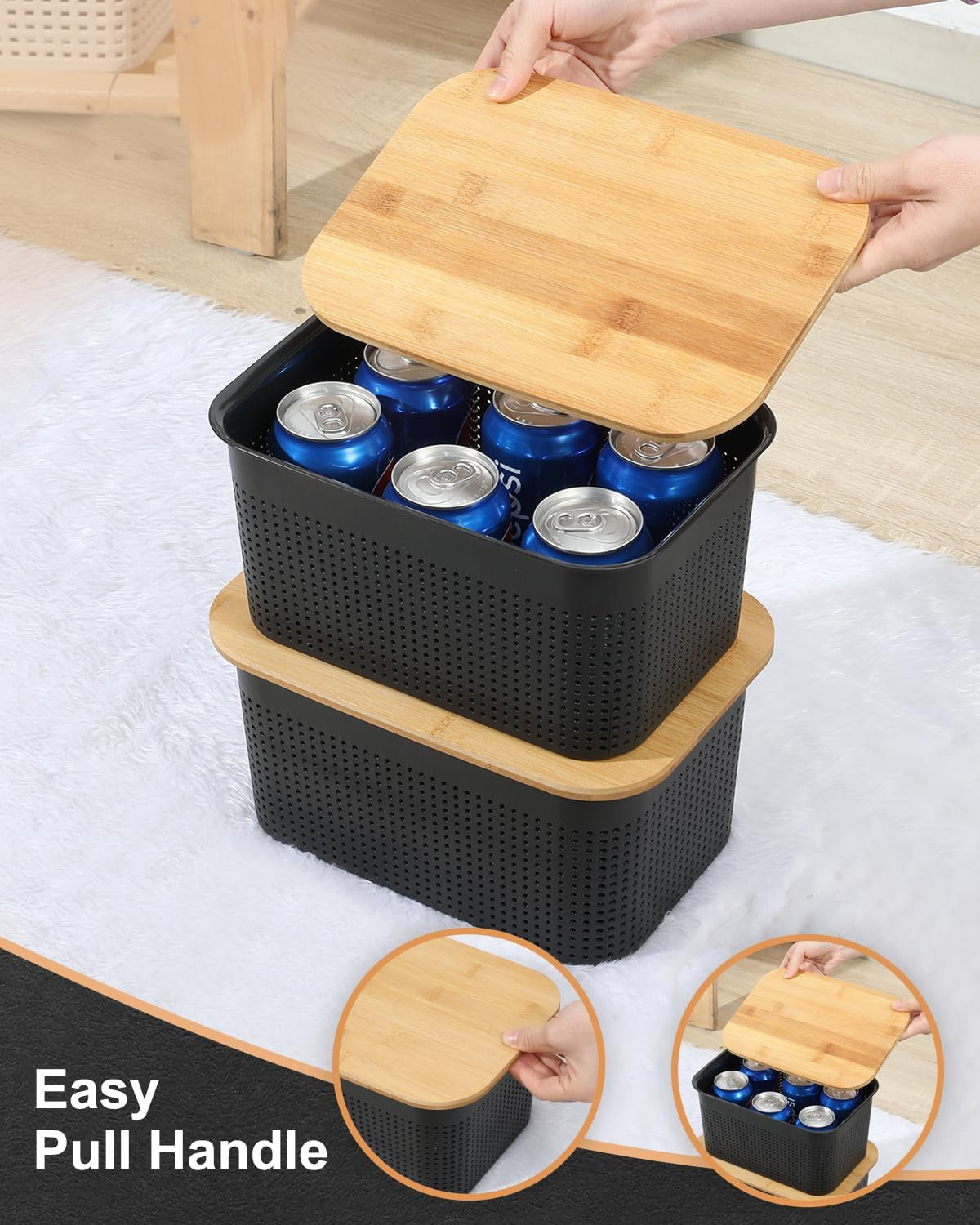 Black Plastic Storage Bins with Bamboo Lids