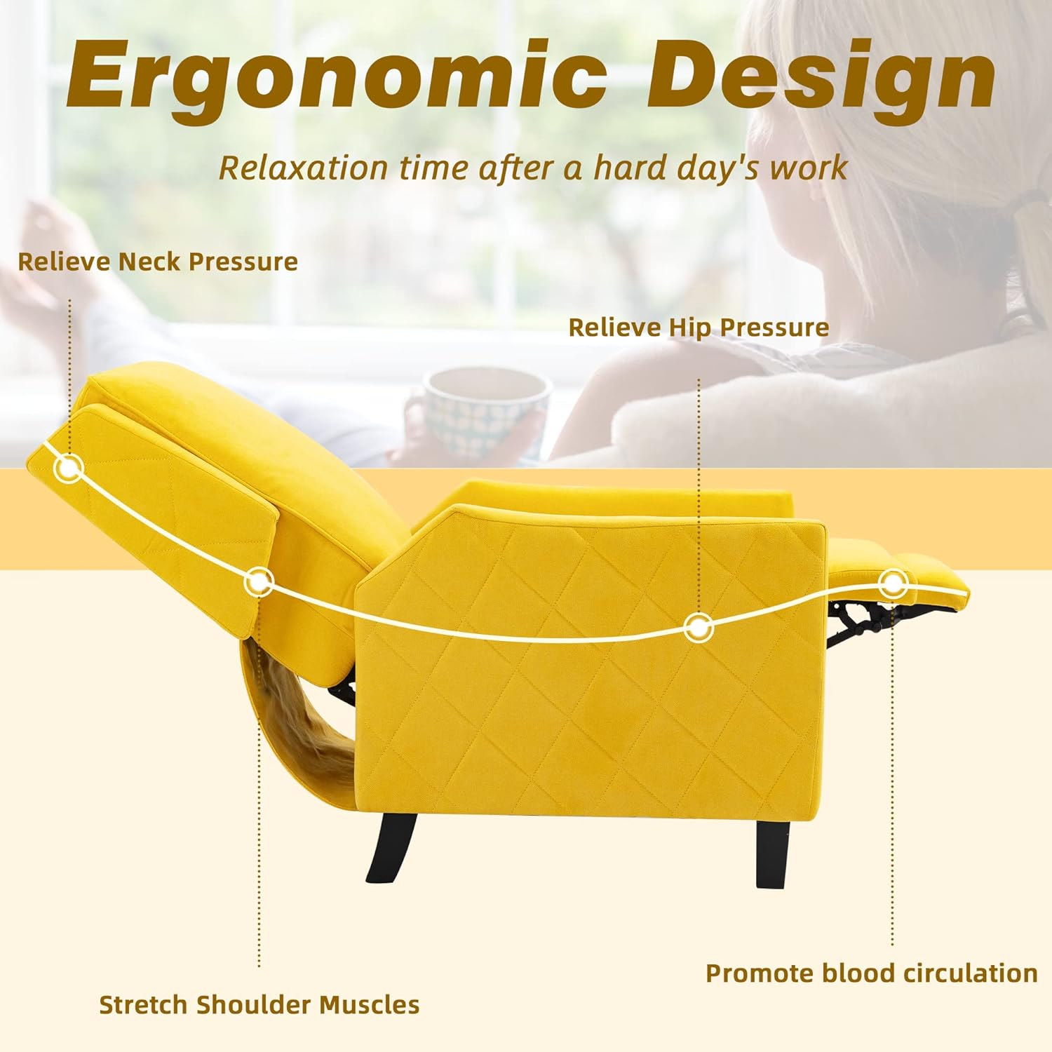 AVAWING Push Back Recliner Chair, Wing Back Chairs with Arms, Mid-Century Vintage Accent Chair for Living Room, Polyester, Yellow