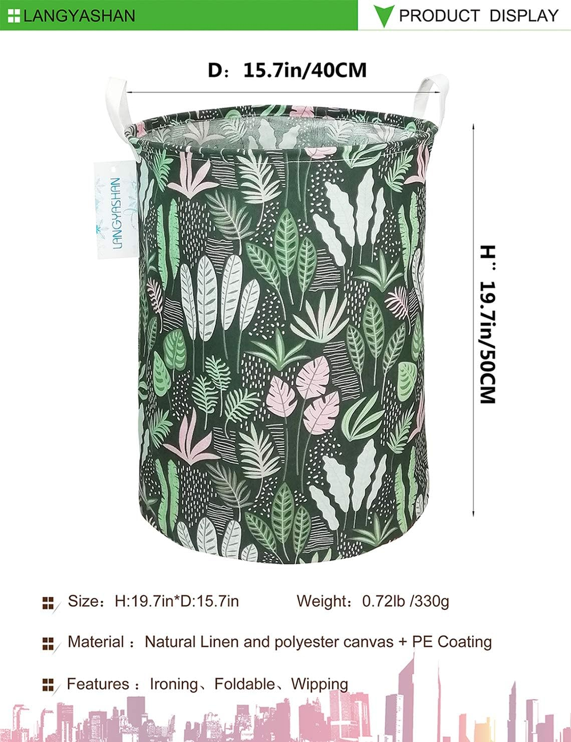 LANGYASHAN Laundry Basket Canvas Fabric Collapsible Organizer Basket for Storage Bin Toy Bins Gift Baskets Bedroom Clothes Children Nursery Hamper (Round Leaf)