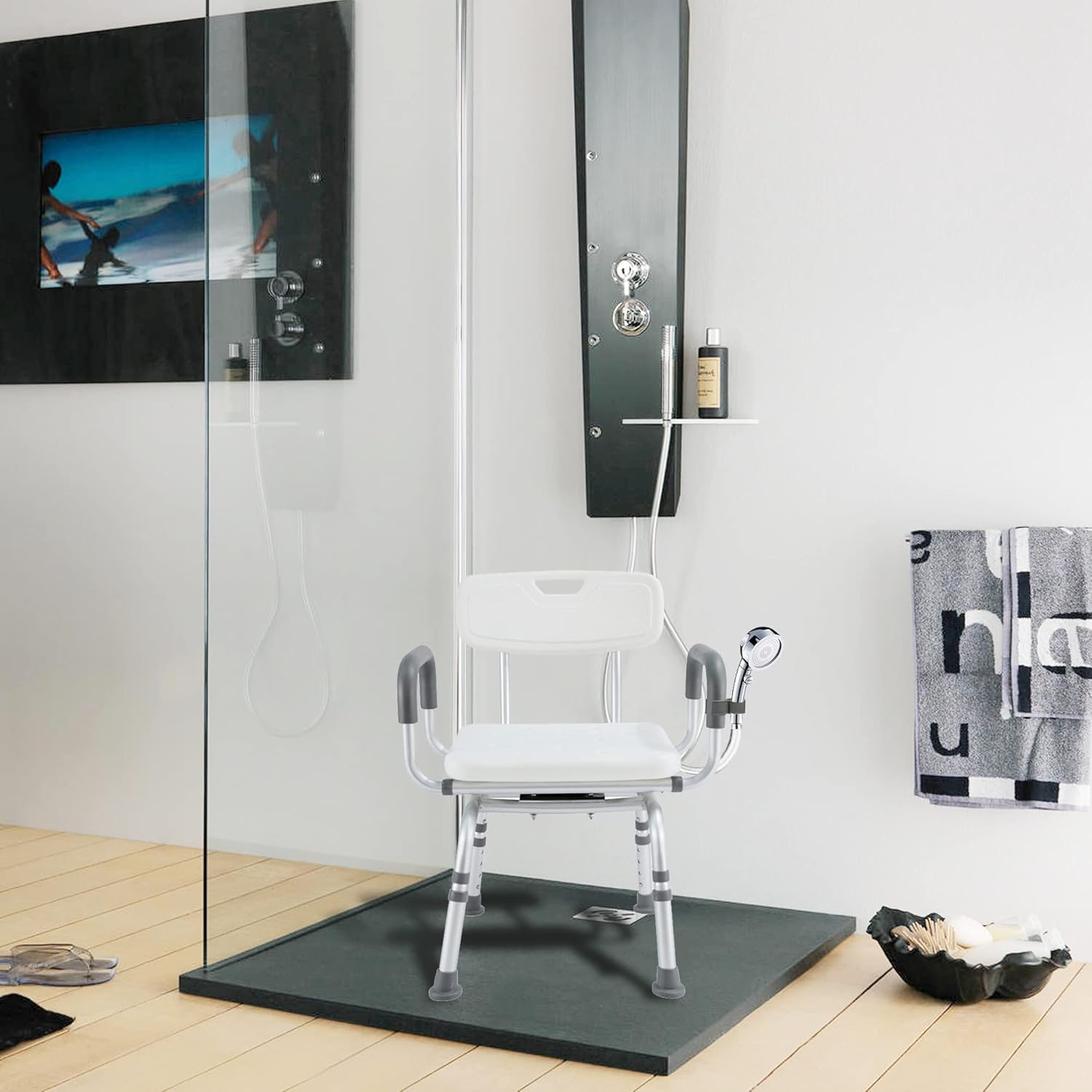 Swivel Shower Chair - Rotating, Pivoting, Height Adjustable Bath Chair for Seniors with Shower Head Holder