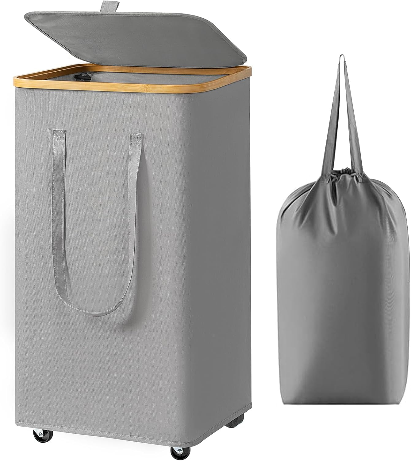 Efluky Laundry Basket with Lid and Removable Bag, 100L Tall Laundry Hamper with Bamboo Handles, Aesthetic Dirty Clothes Bin for Laundry Room, Bathroom, Bedroom and Dorm,Grey